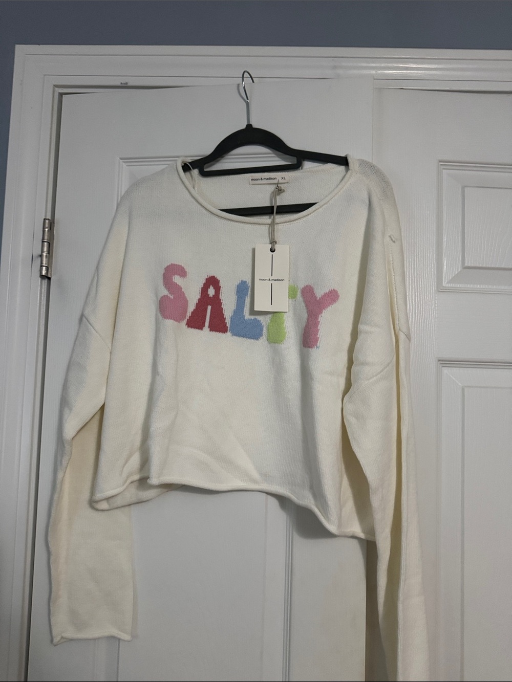 moon & madison Cream Cropped Sweatshirt with Colorful 'SALTY' Letters